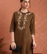 Women ethnic motifs embroidered yoke design cotton straight kurta
