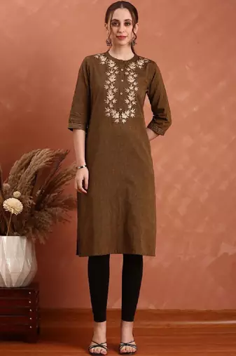 Women ethnic motifs embroidered yoke design cotton straight kurta