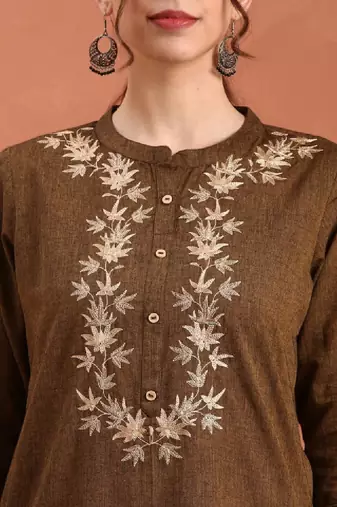Women ethnic motifs embroidered yoke design cotton straight kurta
