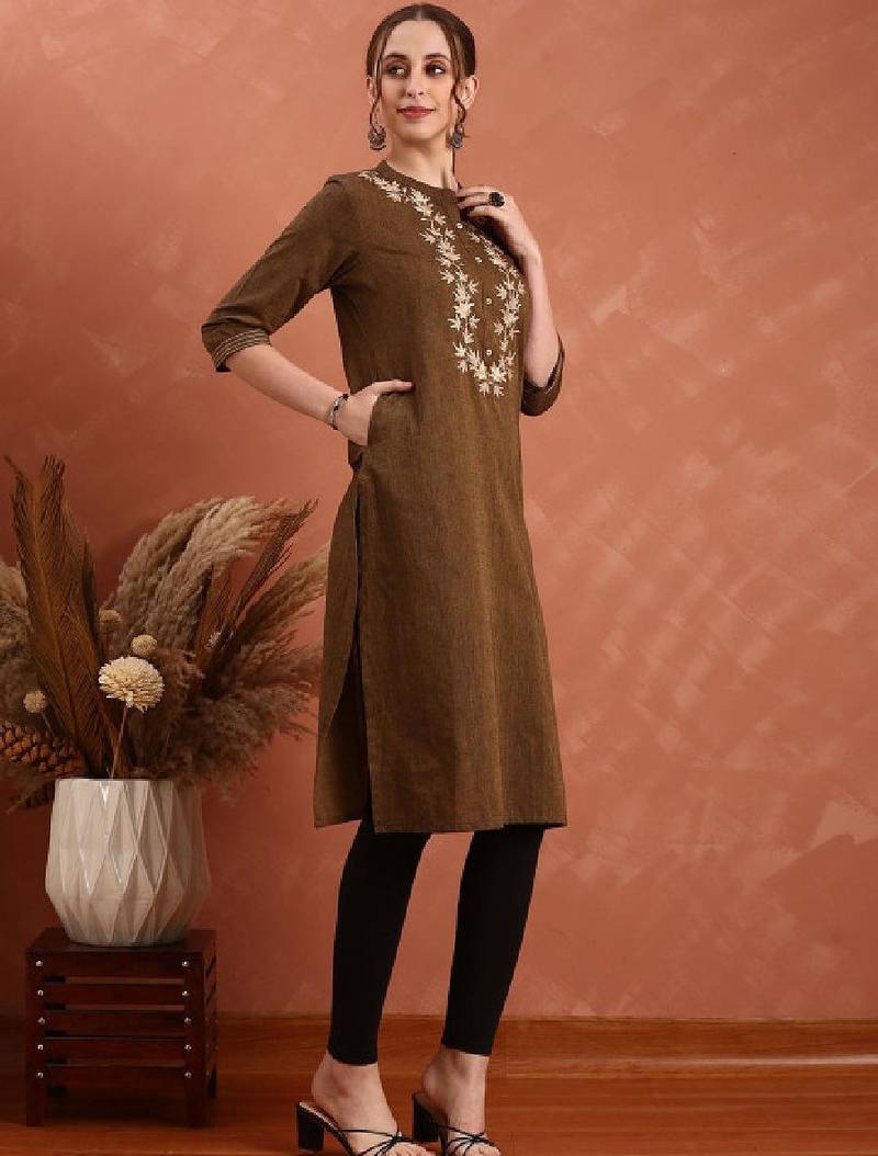 Women ethnic motifs embroidered yoke design cotton straight kurta