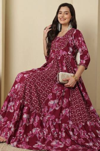 Women ethnic motifs printed mirror work panelled anarkali ankle length kurta