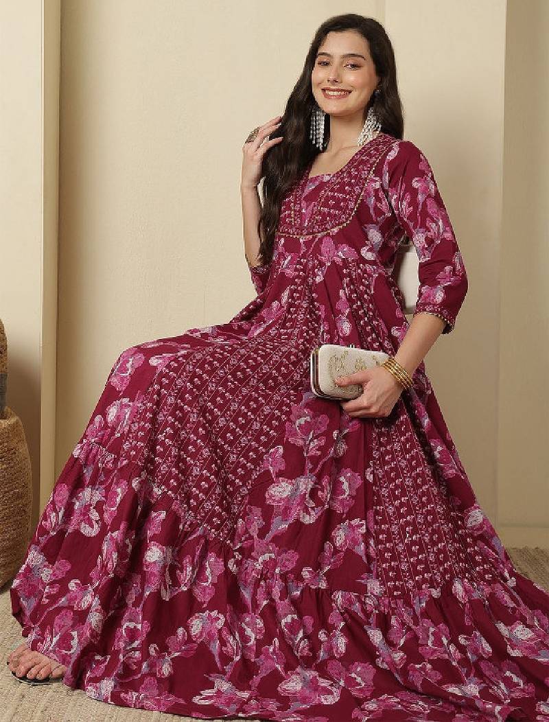 Women ethnic motifs printed mirror work panelled anarkali ankle length kurta