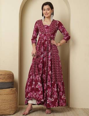 Women ethnic motifs printed mirror work panelled anarkali ankle length kurta 2