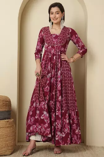 Women ethnic motifs printed mirror work panelled anarkali ankle length kurta