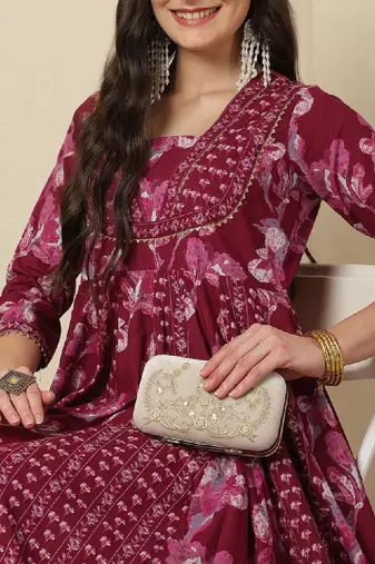 Women ethnic motifs printed mirror work panelled anarkali ankle length kurta