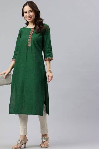 Women geometric embroidered daily cotton straight kurta