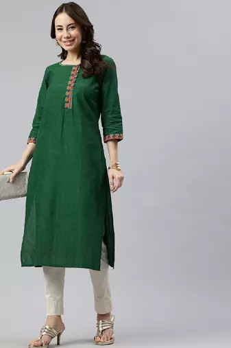 Women geometric embroidered daily cotton straight kurta