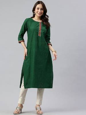 Women geometric embroidered daily cotton straight kurta 3