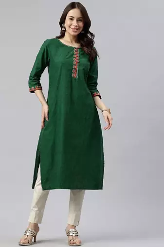 Women geometric embroidered daily cotton straight kurta