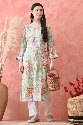 Women floral printed notched neck straight chikankari organic cotton kurta