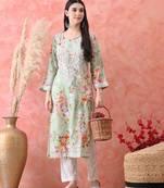 Women floral printed notched neck straight chikankari organic cotton kurta