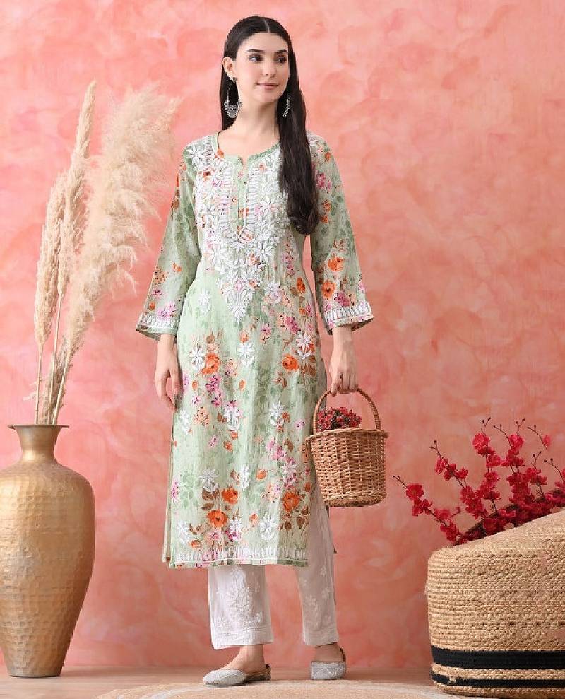 Women floral printed notched neck straight chikankari organic cotton kurta
