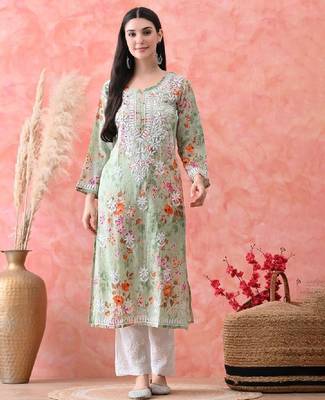 Women floral printed notched neck straight chikankari organic cotton kurta 2