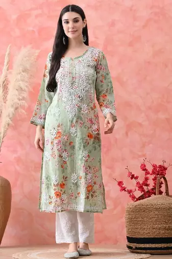 Women floral printed notched neck straight chikankari organic cotton kurta