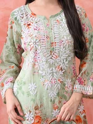 Women floral printed notched neck straight chikankari organic cotton kurta 3