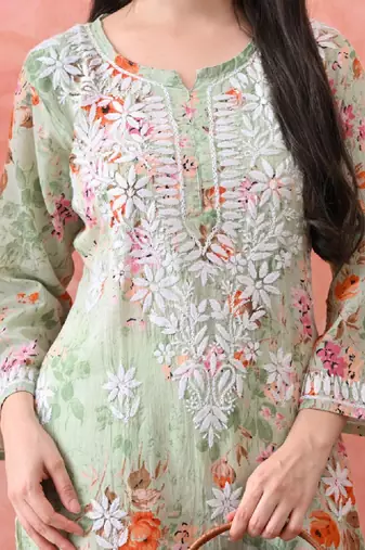 Women floral printed notched neck straight chikankari organic cotton kurta