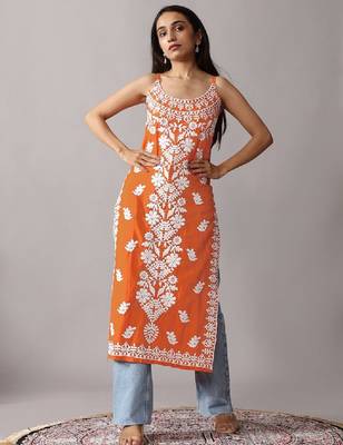 Orange floral embroidered chikankari shoulder strap straight cotton kurta 1