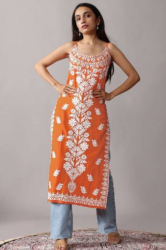 Orange floral embroidered chikankari shoulder strap straight cotton kurta