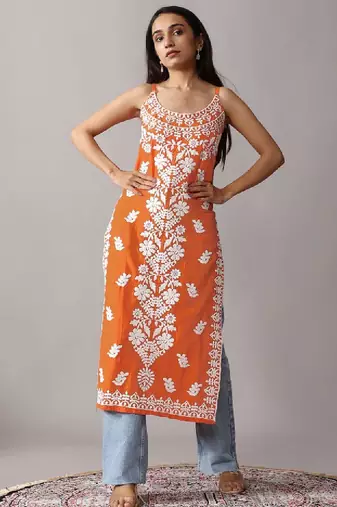Orange floral embroidered chikankari shoulder strap straight cotton kurta