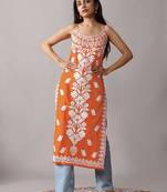 Orange floral embroidered chikankari shoulder strap straight cotton kurta