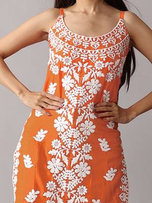 Orange floral embroidered chikankari shoulder strap straight cotton kurta 2