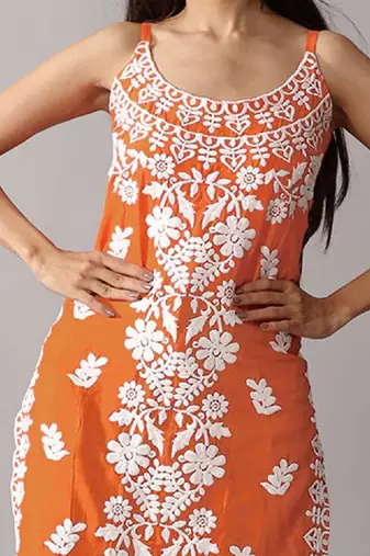 Orange floral embroidered chikankari shoulder strap straight cotton kurta