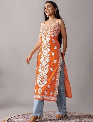Orange floral embroidered chikankari shoulder strap straight cotton kurta 3