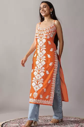 Orange floral embroidered chikankari shoulder strap straight cotton kurta