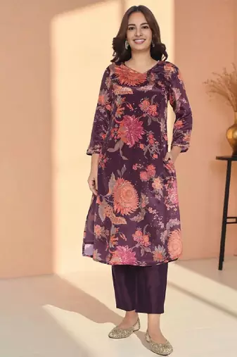 Floral printed sequinned a-line kurta