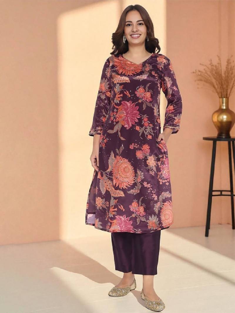 Floral printed sequinned a-line kurta