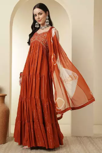Women yoke design mirror work floral anarkali kurta
