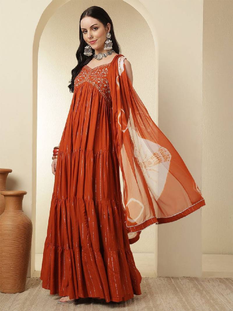 Women yoke design mirror work floral anarkali kurta