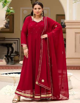 Women maroon embroidered zari georgette anarkali kurta with dupatta 1