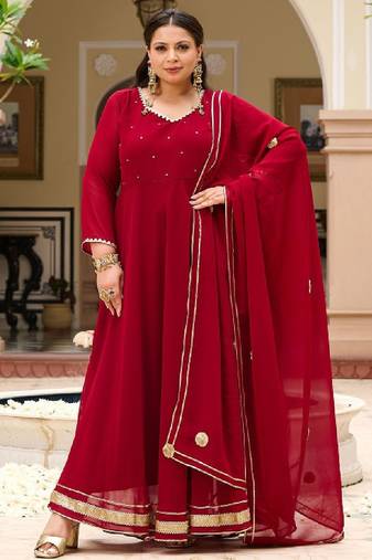 Women maroon embroidered zari georgette anarkali kurta with dupatta