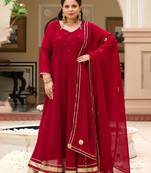 Women maroon embroidered zari georgette anarkali kurta with dupatta