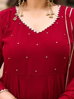 Women maroon embroidered zari georgette anarkali kurta with dupatta 2