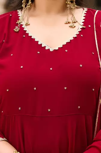 Women maroon embroidered zari georgette anarkali kurta with dupatta