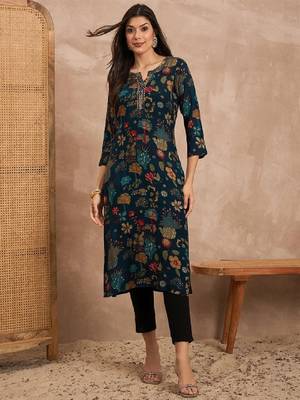 Women floral printed beads and stones straight kurta 1