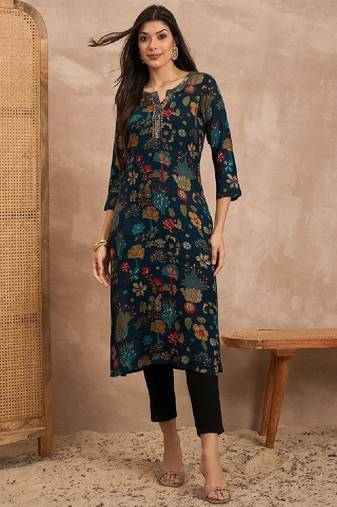 Women floral printed beads and stones straight kurta
