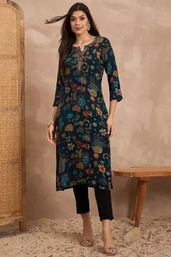 Women floral printed beads and stones straight kurta