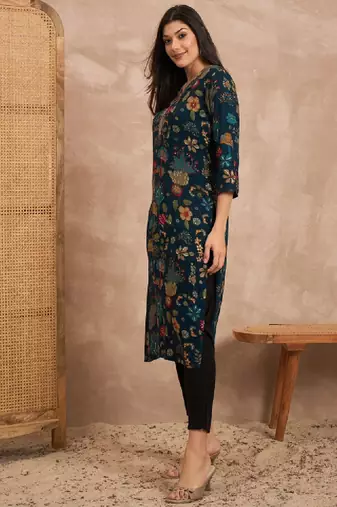 Women floral printed beads and stones straight kurta