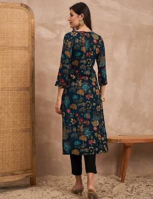 Women floral printed beads and stones straight kurta 4