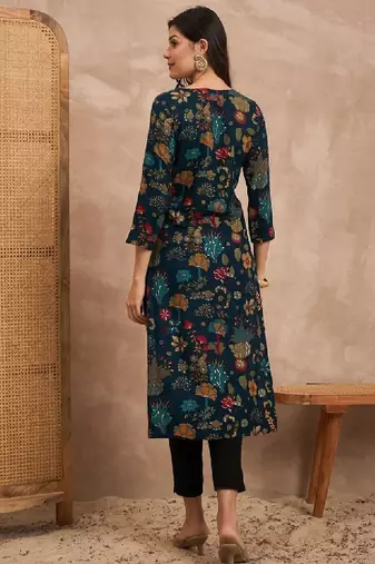 Women floral printed beads and stones straight kurta