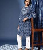 Pure cotton geometric printed band collar indigo crafted kurta