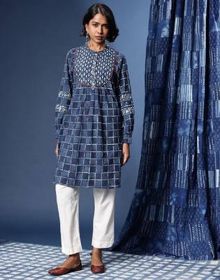 Pure cotton geometric printed band collar indigo crafted kurta 2
