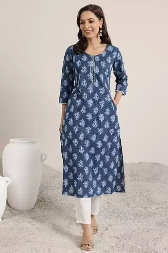 Floral printed round neck cotton kurtas