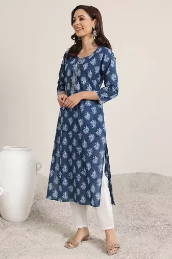 Floral printed round neck cotton kurtas
