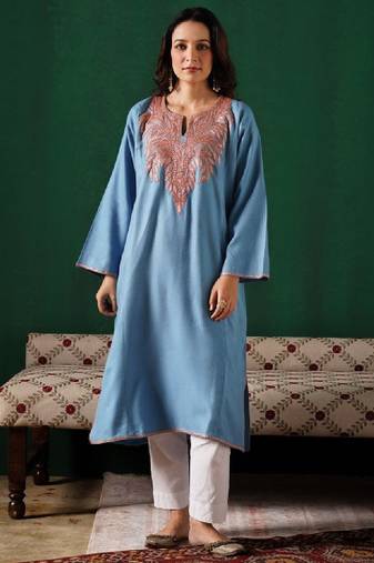 Kashmiri golden boti tilla embroidered cashmilion round-neck winter kurta