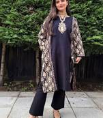 Kashmiri aari embroidered black cashmilion round-neck phiran, winter kurta
