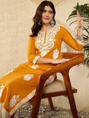 Women yellow viscose rayon round neck embroidered straight kurta 1